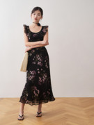ron法式复古印花方领连衣裙，2024夏季修身小众，设计感无袖长裙