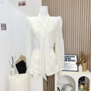 一文宁白色雪纺衬衫女春设计感蕾丝拼接内搭蝴蝶结高级感气质上衣