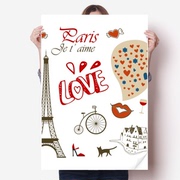巴黎埃菲尔铁塔风景插画，海报贴纸80x55cm墙贴纸，卧室家居装饰