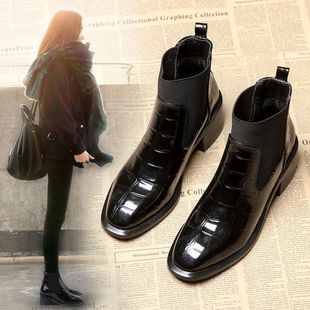 欧洲站chic鳄鱼皮靴，子女短靴2024秋冬切尔西靴粗跟马丁靴女鞋