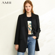 Amii韩版气质黑色西装外套女2023年秋季宽松中长款职业小西服