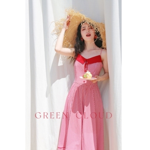 绿色云 玛格丽特浪漫法式复古撞色收腰大摆红色小格子吊带连衣裙