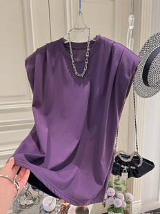 特大码300斤小众设计感宽松垫肩无袖t恤女2023夏季紫色飞飞袖上衣