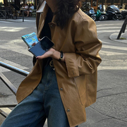 韩国chic秋季复古英伦风翻领金属单排扣大口袋设计PU皮长袖外套女