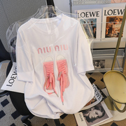 纯棉小香风白色t恤女短袖，2023夏季洋气网红设计感绑带上衣女