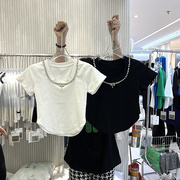 十三行女装2022夏季韩版小众设计圆领带链条修身短款短袖T恤