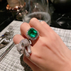 奢华气质哥伦比亚祖母绿戒指925银镀18k再生彩宝活口可调节手饰女