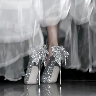 银色水晶高跟鞋女细跟18岁成年礼服气质，蝴蝶结婚纱两穿婚鞋新娘鞋