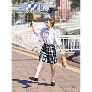 unretro日系高腰黑白格纹短裤，女学生夏季复古直筒格子休闲五分裤