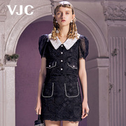 VJC/威杰思春夏女装法式蕾丝翻领短袖甜美修身短款上衣
