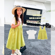 Amybaby女童套装2024儿童夏季文艺风韩版纯色背带裙两件套