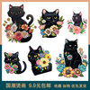 热转印黑色猫咪图案印花唯美花朵猫，烫印贴t恤烫印包包胶贴印