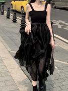 黑色连衣裙女夏法式复古小众设计高腰网纱蓬蓬吊带长款小黑裙