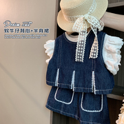 小沐沐女童牛仔套装夏季时髦两件套2023儿童女宝宝洋气套装裙