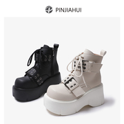 pinjiahui 超高跟马丁靴女小个子增高机车靴防水台真皮皮带扣短靴