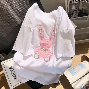 欧洲站设计感镶钻兔子短袖T恤女夏 2024年中长款小众宽松上衣