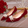 2024年酒红色加绒高跟鞋女结婚秀禾服婚鞋，中式婚礼服新娘鞋子