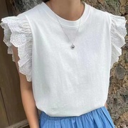 韩国蕾丝花边飞飞袖宽松圆领，白色t恤女2023夏季简约气质上衣