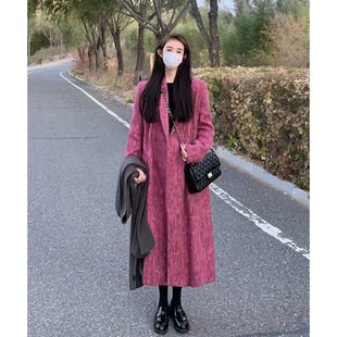 冬季韩版名媛风西装外套，女长款高级感玫红色加厚斗篷大衣