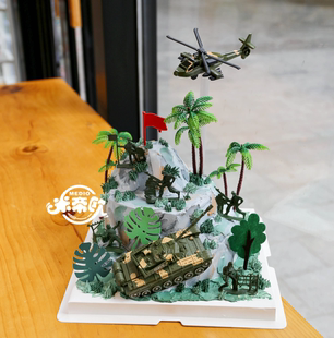 卡通儿童生日蛋糕装饰摆件积木迷彩军人武器装备CF直升机坦克摆件