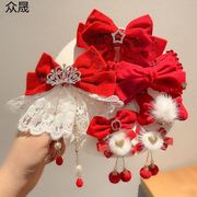 新年红色蝴蝶结头饰儿童发夹侧边刘海发卡女童后脑勺夹子发卡