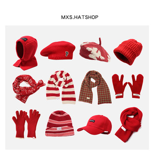 红色帽子女冬季保暖红手套圣诞礼物复古酒红色贝雷帽毛线帽围巾潮