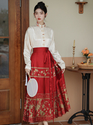 新中式国风改良汉服上衣女，缎面织金红色，明制马面裙套装结婚敬酒服