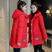 大红色羽绒服女中长款2022冬季韩版时尚直筒羽绒服女短款加厚外套