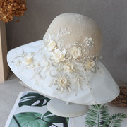 春夏韩式甜美遮阳帽时尚百搭立体钉珠花朵，防晒帽出游白色透气凉帽