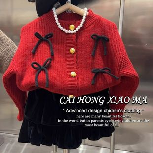 韩国童装2023秋冬女童圣诞，新年红色蝴蝶结针织，开衫+黑色丝绒半裙