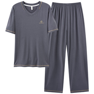 睡衣男士夏季莫代尔条纹短袖长裤，2024年男款薄款可外穿家居服套装