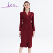 红色含羊毛西装领妈妈连衣裙女冬季复古高端优雅气质V领礼服裙子