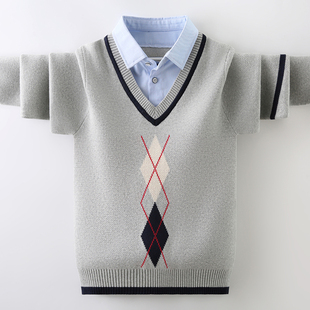 男童毛衣衬衫领假两件秋冬儿童套头针织衫，加绒加厚中大童上衣