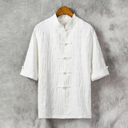 由天丨中式唐装男中袖棉麻提花五分袖衬衫亚麻男装夏季中国风短袖