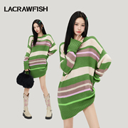 lacrawfish韩系复古慵懒风学院宽松圆领，套头条纹长款毛衣女