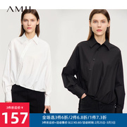 amii长袖衬衫女polo领中式不规则上衣2023年秋季短款简约宽松衬衣