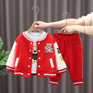 男女宝宝春装套装2022小童，洋气棒球衫，休闲运动韩版网红三件套