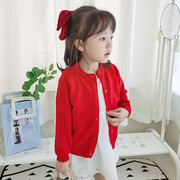 女童针织开衫春秋装薄款外套宝宝儿童，红色毛衣外搭婴儿空调衫洋气
