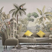 北欧手绘复古植物芭蕉叶壁纸客厅，电视背景墙纸酒店民宿壁画墙布