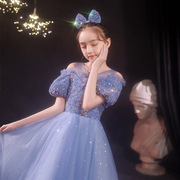 儿童礼服洋气亮片蓝色，走秀钢琴演奏高端生日公主，裙女童晚礼服轻奢
