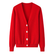 本命年红色鄂尔多斯市产纯山羊绒女士V领单排扣宽松开衫毛衣外套