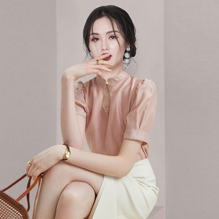 新中式轻国风粉色上衣女，2024夏季时尚淑女，气质高级感雪纺衬衫