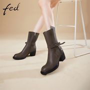 fed骑士靴冬季靴子百搭黑色瘦瘦靴牛皮粗跟短靴女1126-ZF511