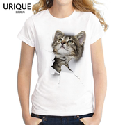 3d立体逼真萌猫咪图案，莫代尔t恤女短袖，可爱动物印花情侣亲子装t恤