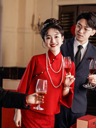 中式敬酒服酒红色新娘旗袍，回门便装孕妇套装，冬季订婚结婚礼服