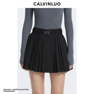 CALVINLUO 插锁腰带百褶裙短裙 24 灰色 黑色 设计师款