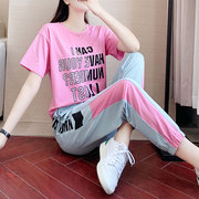 粉色短袖运动套装女夏韩版潮2024休闲裤两件套宽松时尚洋气跑步服