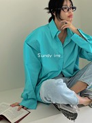 韩国东大门24春夏新气质时尚纯色，廓版长袖翻领单排扣衬衫女