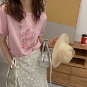 欧洲站2024春夏甜美韩系风粉色花朵字母小众设计感棉质短袖T恤潮