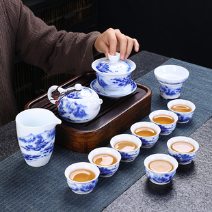 景德镇青花瓷山水功夫茶具整套陶瓷家用茶壶盖碗客厅办公待客中式